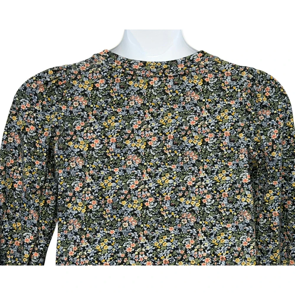 LOFT Sz M Cottage Floral Puff Sleeve Pullover Top Blue Knit Sweatshirt Romantic